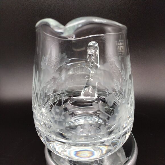 Krosno Hand Blown Etched Glass Creamer Applied Handle Floral Design Poland - Picture 6 of 10
